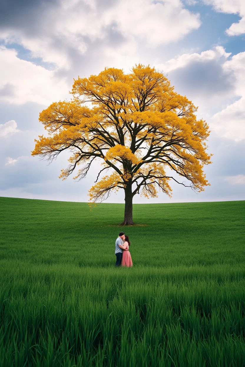 The Green Grass field under a beautiful moon and cloudy sky .A big Tree with yellow leaves standing in the middle , a couple hugging each other in romantic theme under the tree