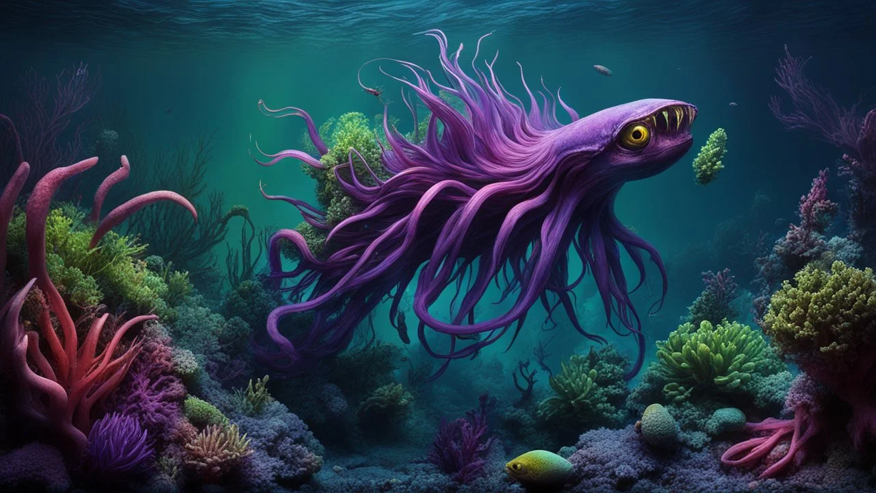 animals creatures, plants from subanautica from deep sea, leviathan's a lot of sea plants very deep, beautiful, river of magma, green and blue, dark purple