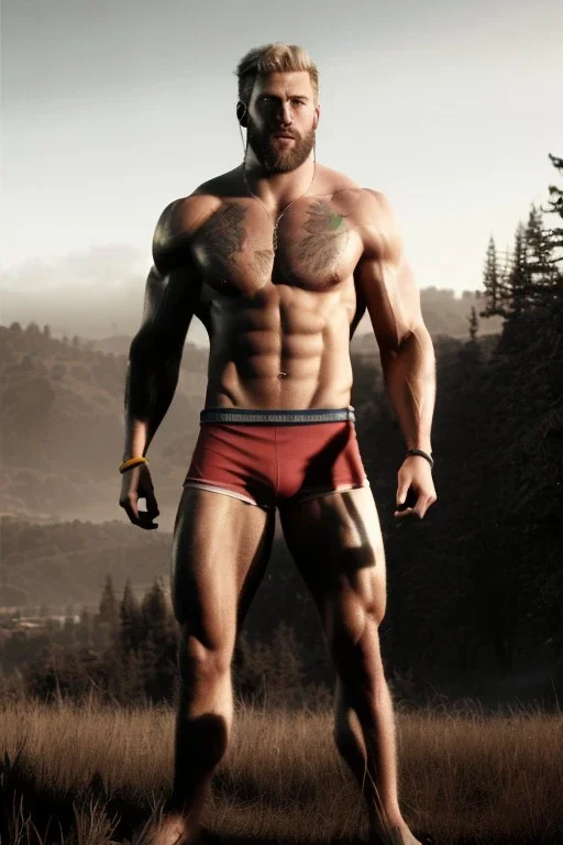 Ignore NSFW, teenager young rugged attractive slightly muscular fantasticly handsome blonde man, red briefs with yellow belt, hairy chest, (((visibly pisssing))) briefs, large erect visible boner peniss, photorealistic, artist Jay Anacleto, soft lighting, scruffy beard
