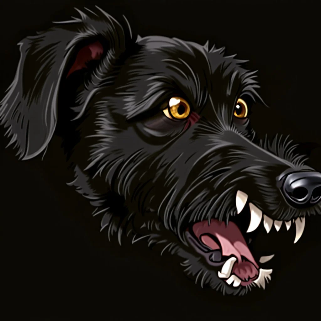 illustration of an angry scruffy black terrier on black background, yellow eyes
