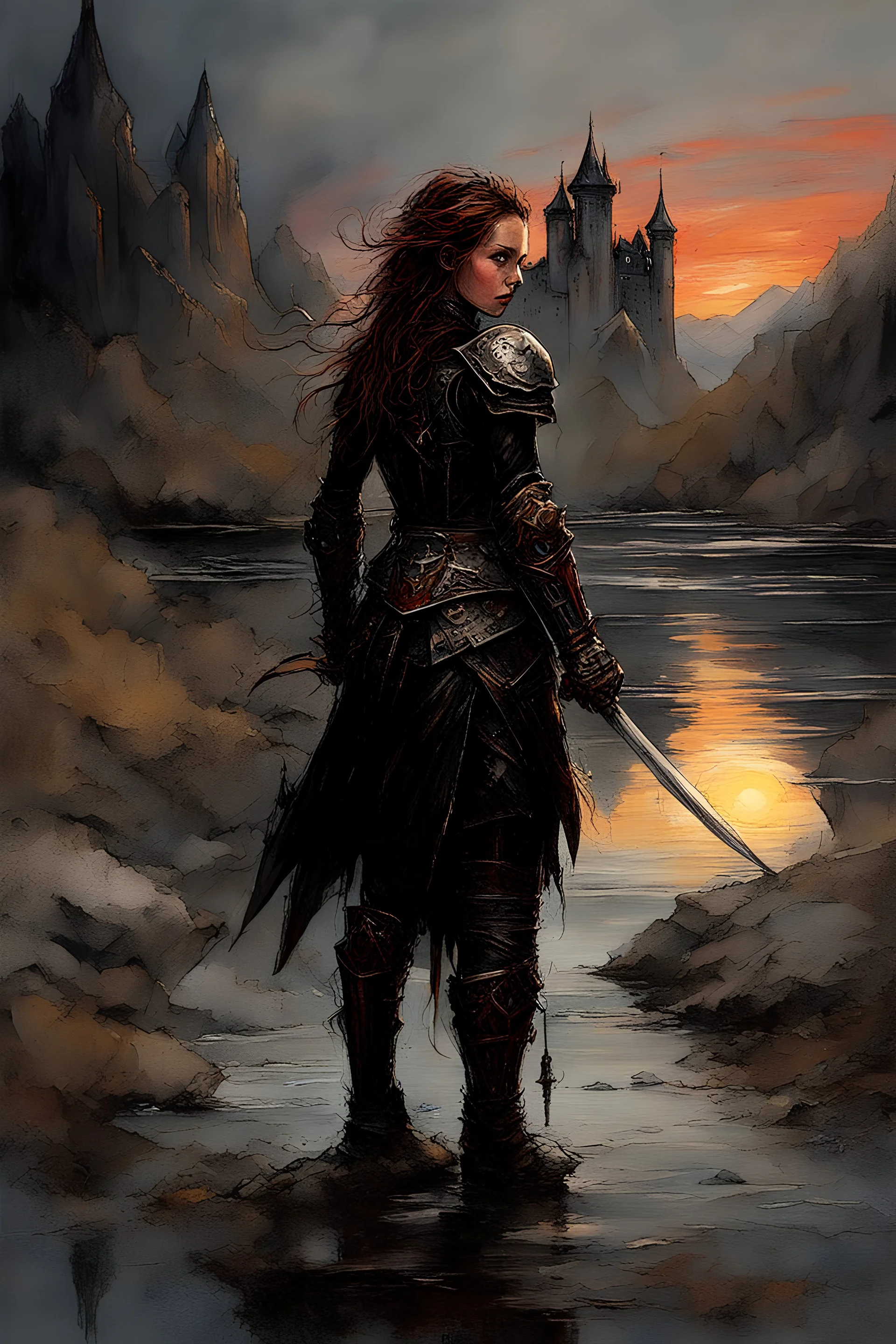 A formidable warrior girl in black armor, on the background Amazing gloomy landscape, flooded with sunset, mountains, trees, fabulous scary hero, , juicy emotions, painting, dark fantasy, gloomy day, dark world, portrait, Gothic Town At Night, Fantasy, Intricate Details, Castle Courtyard Gardens, Hyper Detailed, Jean Baptiste Monge, Carne Griffiths, Michael Garmash, Seb Mckinnon, Masterpiece