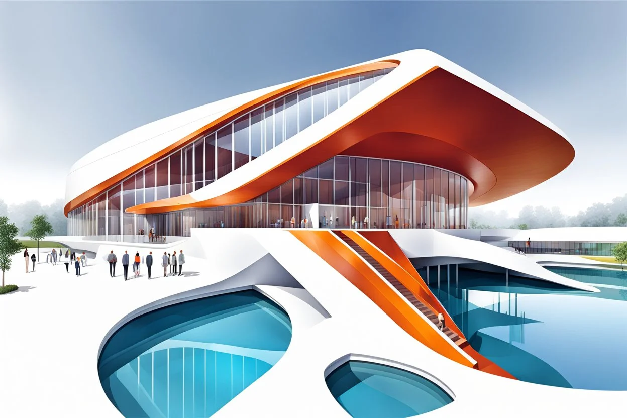 Architectural drawing of a Neofuturistic art museum, (((isometry))), ultra quality, people, treets