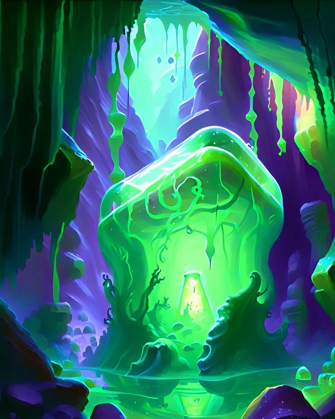 a slimy gelatinous cube in vast cavern room painterly