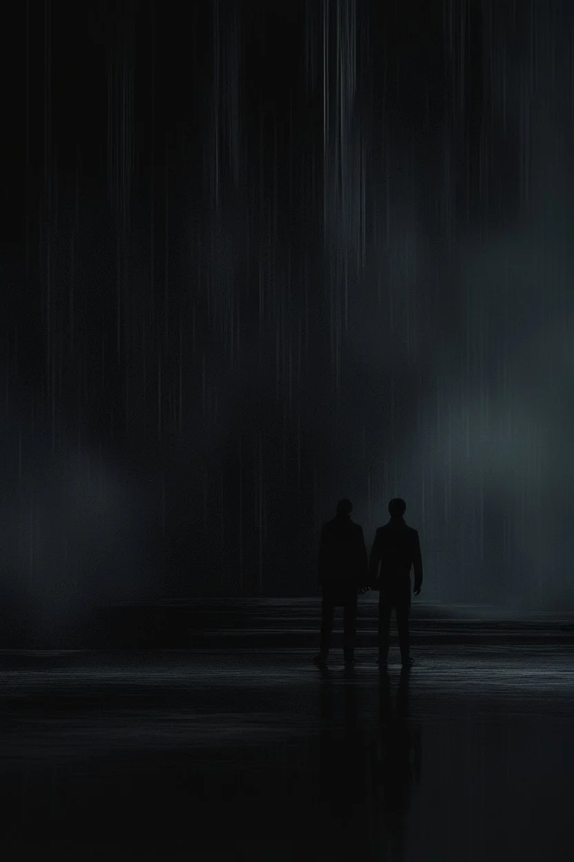 Glitch in the Matrix in abyss, big vortex, ,noir, surreal, dark mood, cold, deep dark colors , high detalied, weird, fog, shadows. weird, surreal, highly detailed, melancholic thriller mood