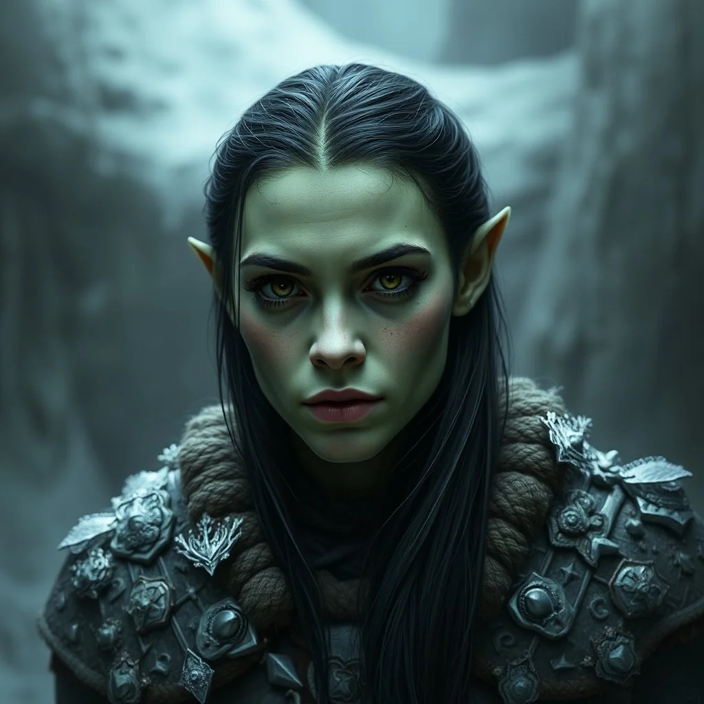 A digital illustration shoot from a portrait camera angle about a portrait of a young orc woman with dull green skin. In the middle of the image, a 20 years old orcish woman, appears to be looking at the viewer lost in thought. she has long black hair and is wearing armour. Fantasy, skyrim, ice magic