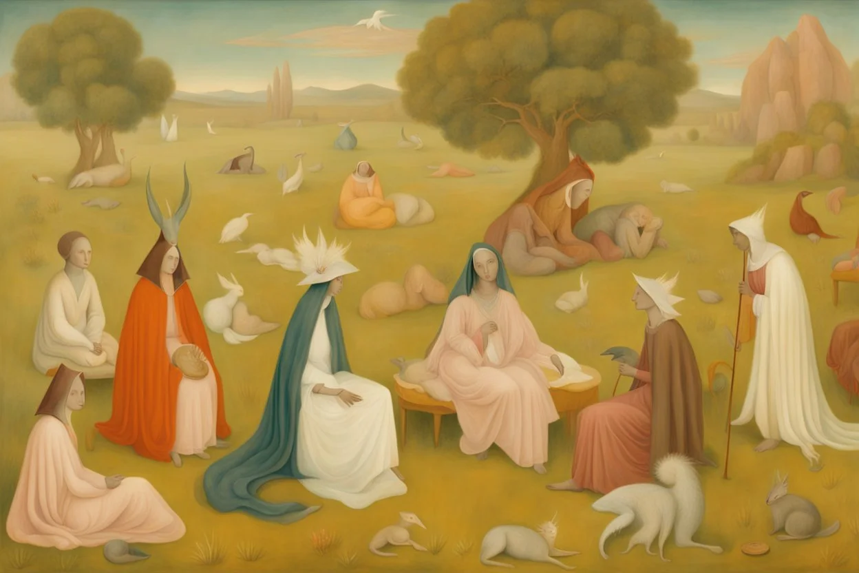 a group of people relaxing in a meadow by artist "Leonora Carrington",by artist "Richard Dadd", highly detailed