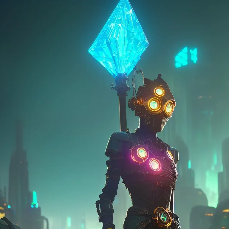 protogen, {steampunk}, ancient crystal technology, (full body), fire elemental, mechanicus, green, deus ex machina, knight, cyberpunk city avenue background