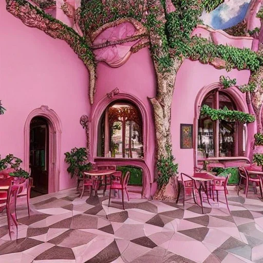 A Epic tree carved into beautiful cafe, masterpiece , art by jorge pardo, photorealistic, pinkish color, meditative vibe, ornate, wide view