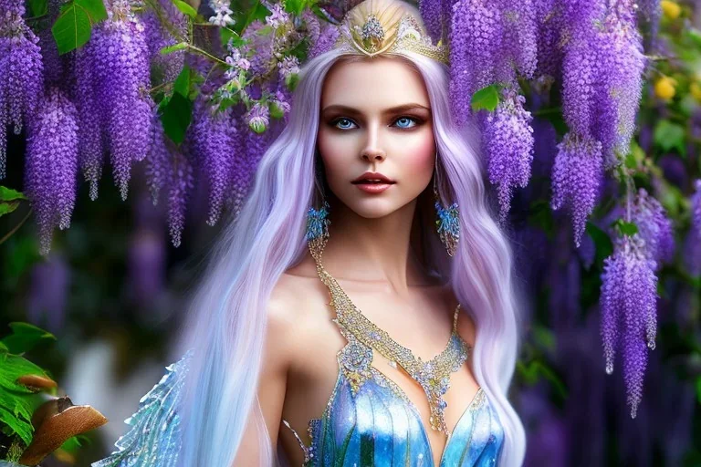 Fantasy cute elf with transparent wings, smiling, make up, long blond platinum hair, blue eyes, crown, beautiful dress, wisteria flowers and mushrooms in background, HQ, high key lighting, volumetric light high details