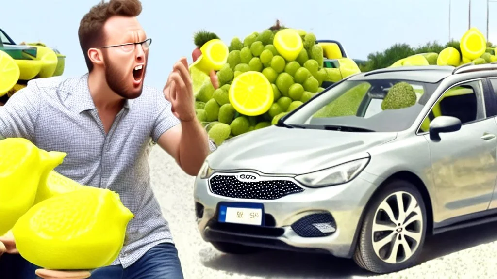 guy arguing on phone next to his kia sportage made out of lemons