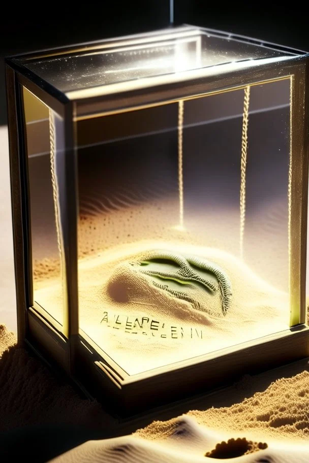 an alien's close up footprint lodged within sand in a neat, square display glass box, "Alien" engraved on small label outside of the box, realistic and highly detailed, 8k