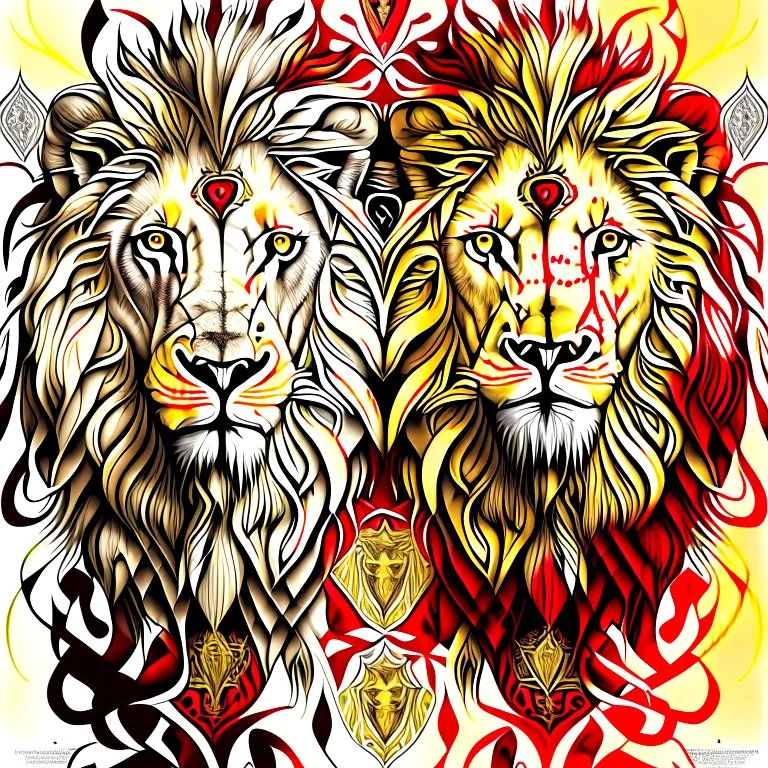 Lion symmetrical ink art colors yellow cream red white and black hyper-detailed realistic 8k