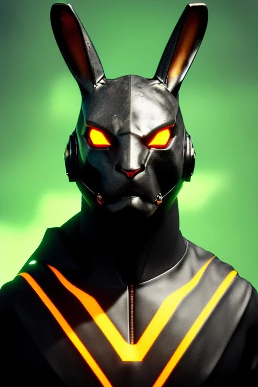 Medium Close Up Portrait, Front image. cyberpunk, rabbit mask helmet, strong man, titanium hair. Latex suit. Black, yellow, color. Rocketer style. Color background, photo studio. Avatar image, highly detailed, concept art, smooth, unreal engine 5, ray tracing, RTX, lumen lighting, ultra detail, volumetric lighting, 3d, finely drawn, high definition, high resolution.