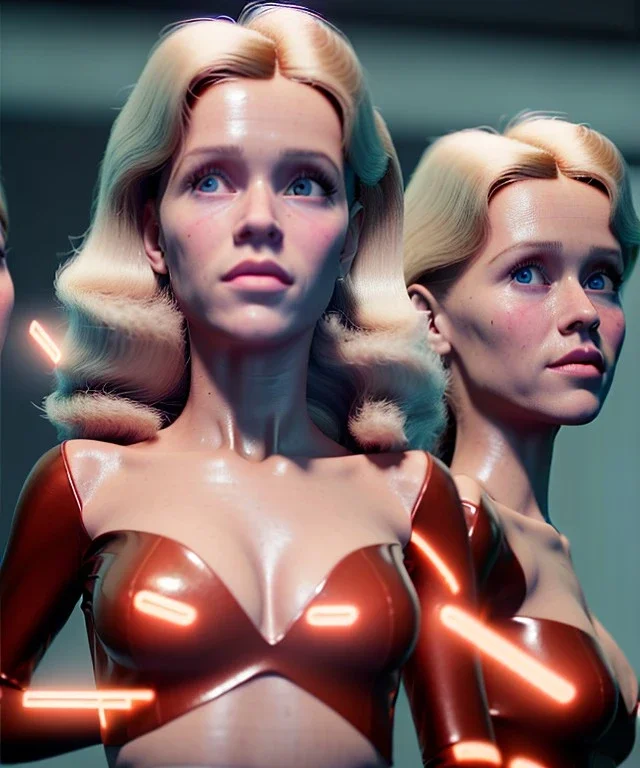 Ultra Realistic retro sci-fi movie scene, 1960 year, waist up view portrait, 3 clones blonde women, sweet young Jane Fonda face, perfect iris, glow eyes, face makeup, tight latex coat. Supermarket with people background, Retro sci-fi style, soft color, highly detailed, unreal engine 5, ray tracing, RTX, lumen lighting, ultra detail, volumetric lighting, 3d, finely drawn, high definition, high resolution.