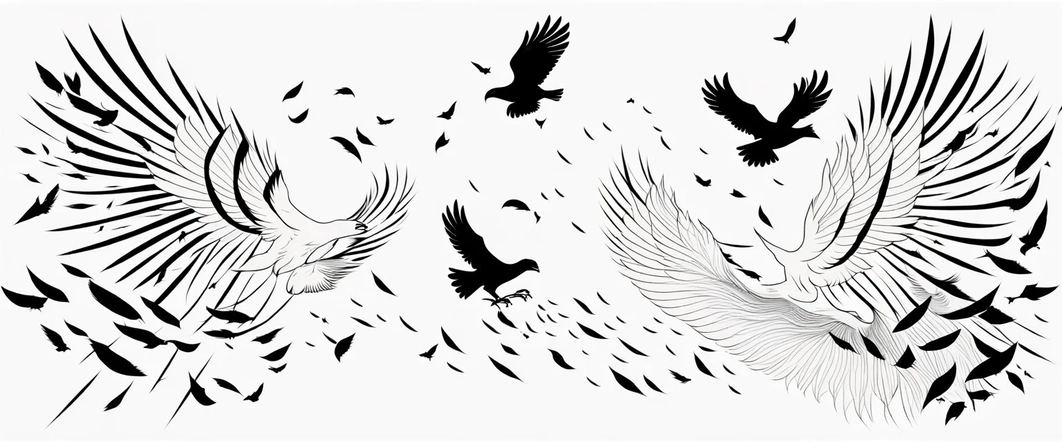 2 birds being chased through the air by an eagle, they each trail a graphic line behind them, and lost feathers, black on white vector