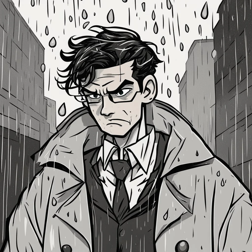 a closeup of a disgusted young man in a heavy coat during a rainstorm cartoon