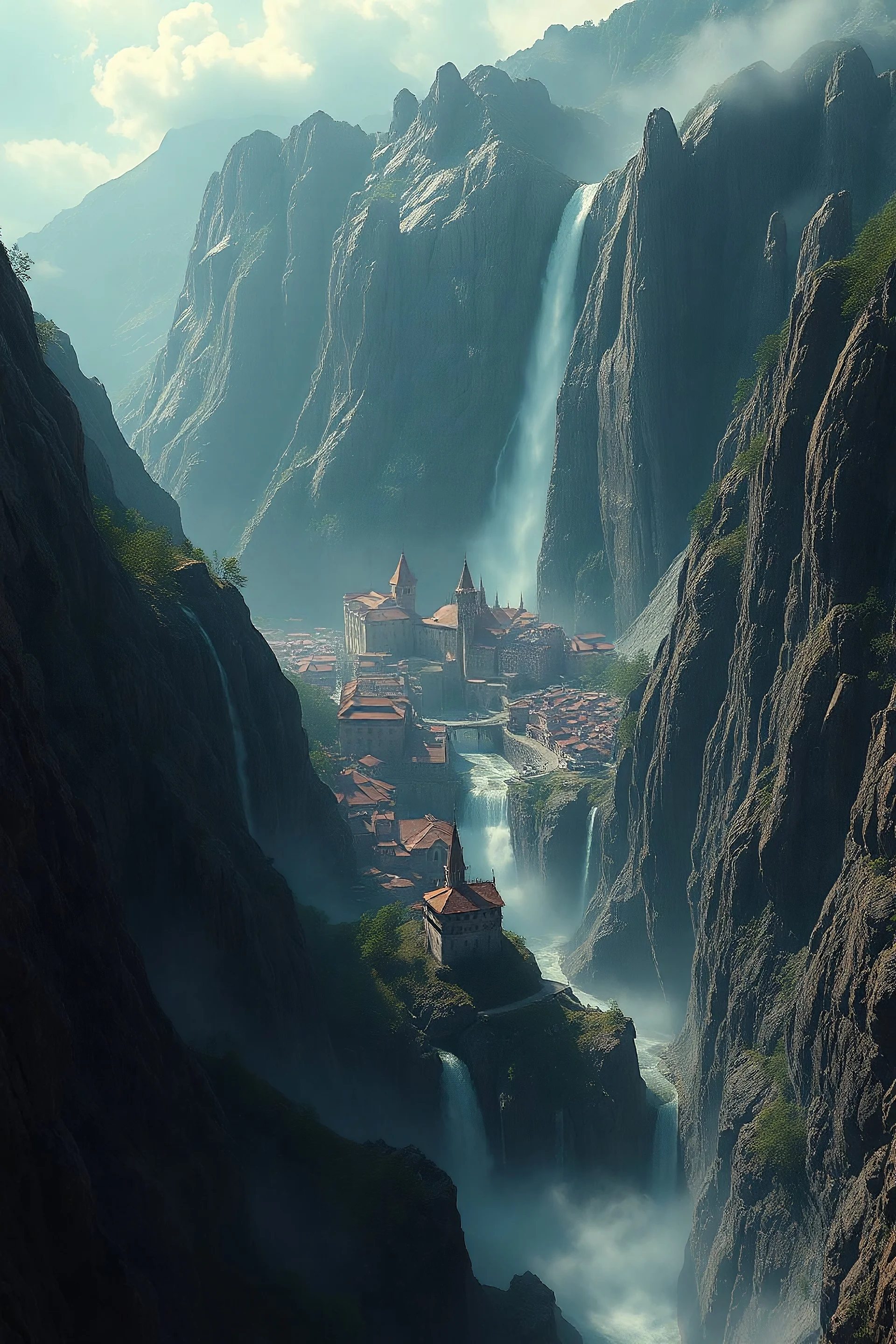 a waterfall falling upon a medieval city at the end of a steep, narrow, 3.000 feet tall ravine. a masterpiece, fantasy concept art, dynamic lighting, hyperdetailed, intricately detailed, deep color, Unreal Engine, volumetric lighting, Epic cinematic brilliant stunning intricate meticulously detailed dramatic atmospheric maximalist digital matte painting