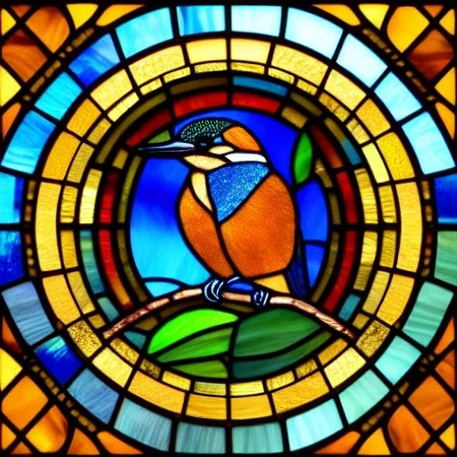 round coaster of kingfisher with stained glass window effect, highly detailed, intricate, warm colors, stained glass window, digital painting