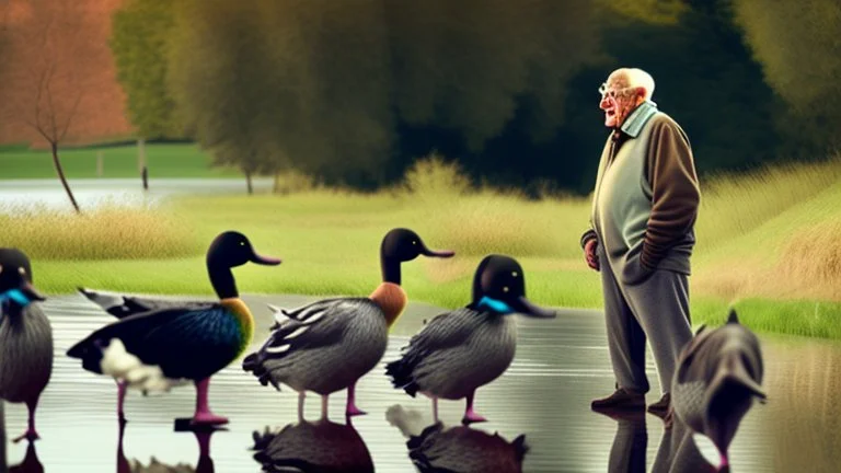 old man talks on phone while chasing ducks away,