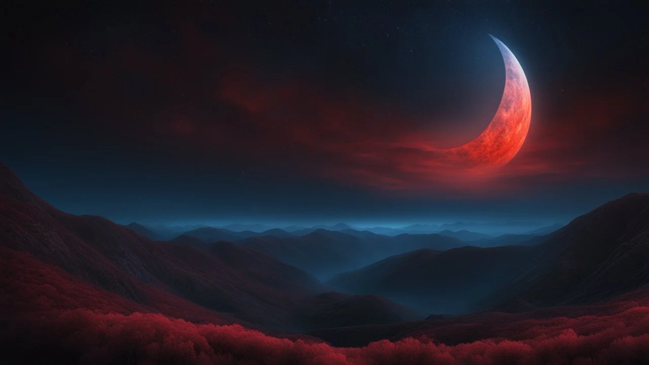 A stunning night sky seen from the bottom of a steep valley. millions of stars. A red half moon. exquisite realism, a masterpiece, fantasy concept art, dynamic lighting, hyperdetailed, intricately detailed, deep color, Unreal Engine, volumetric lighting, Epic cinematic brilliant stunning intricate meticulously detailed dramatic atmospheric maximalist digital matte painting