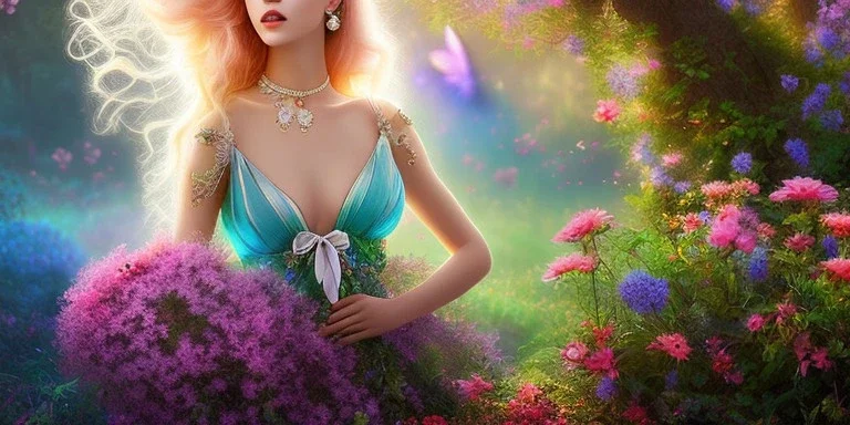 bright fairy, beautiful portrait, flowery landscape