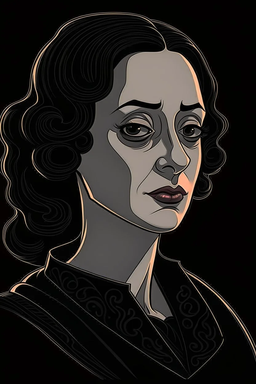 A portrait of a 40-years old beautiful aristocrat woman from XV century in strict dark clothes, authoritative, cold, emotionless, in the style of Genndy Tartakovsky's cartoons, uncovered head