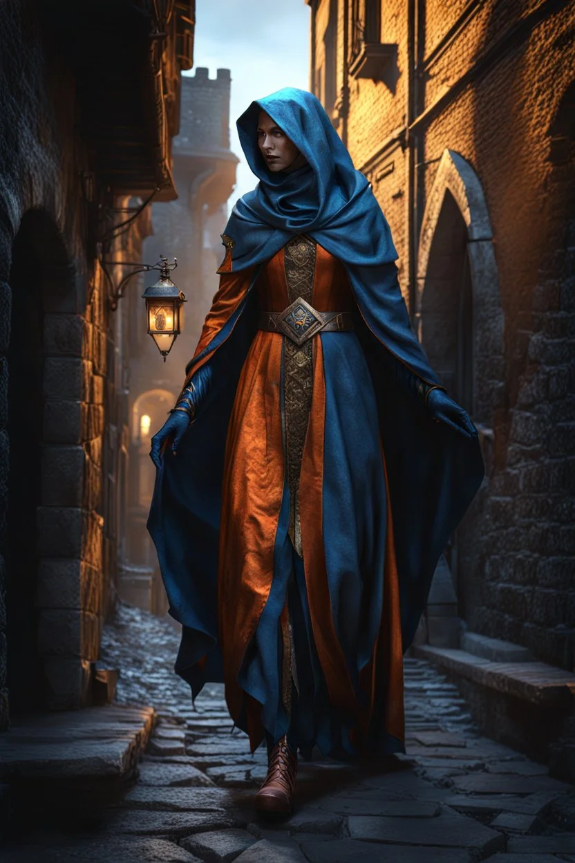 The ancient banshee Shadow of Death stalking the streets of a medieval city. Horror setting. fantasy art, blue and orange, gold, silver, copper, marble Cinematic lighting, Volumetric lighting, Epic composition, Photorealism, Very high detail, Character design, Unreal Engine, Octane render, HDR, Subsurface scattering