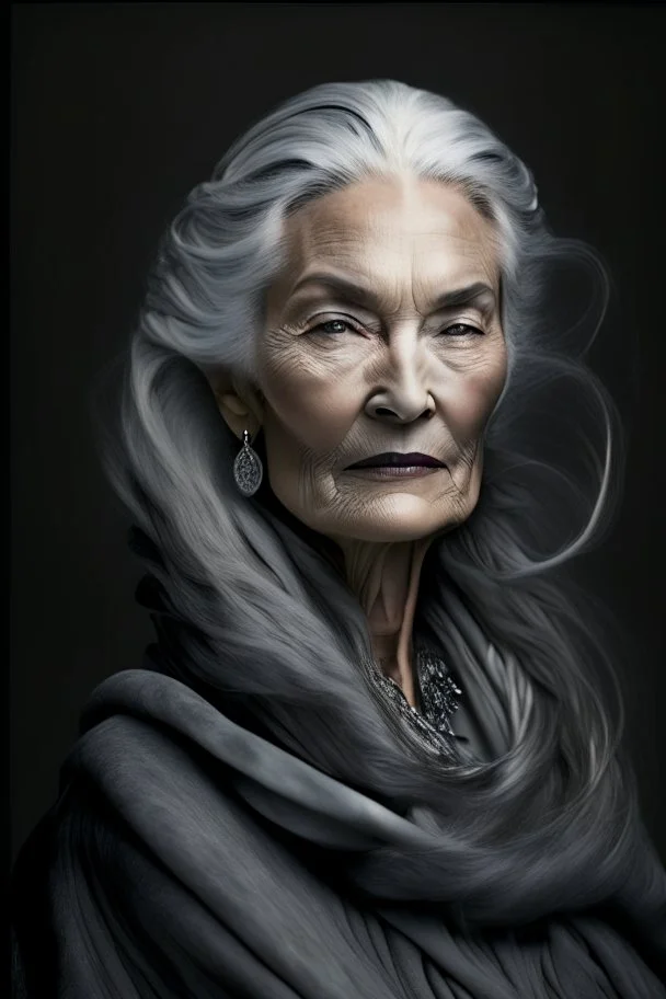 a photo of an Scandinavian woman with ethnic jewelry, grey hair and grey flowing robe, in style of Annie Leibovitz, contemporary portrait of a mature yet beautiful and modernist woman, black and grey, detailed feminine face, swirling fluid smokey enigma, award-winning artwork