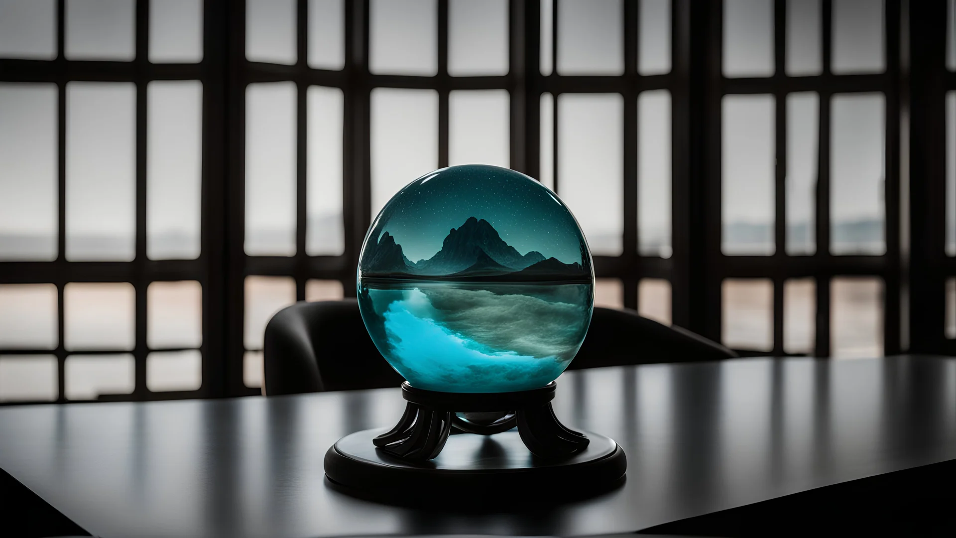 a glass orb containing a Bioluminescent world on a desk