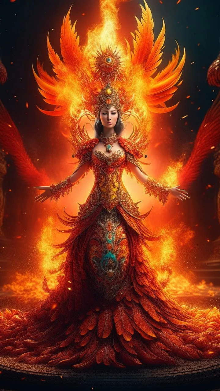 Full body wide-angle RAW photo, fire queen wearing luxurious and ornate clothes, fully covered, holding a ball of fire, opals and floral decorations, fractal wings texture, coming out of a burst of fire, winter scenery in the background, beautiful Indonesian woman's face, skin high detail, phoenix, fire, 8k uhd, dslr, soft lighting, high quality, film grain