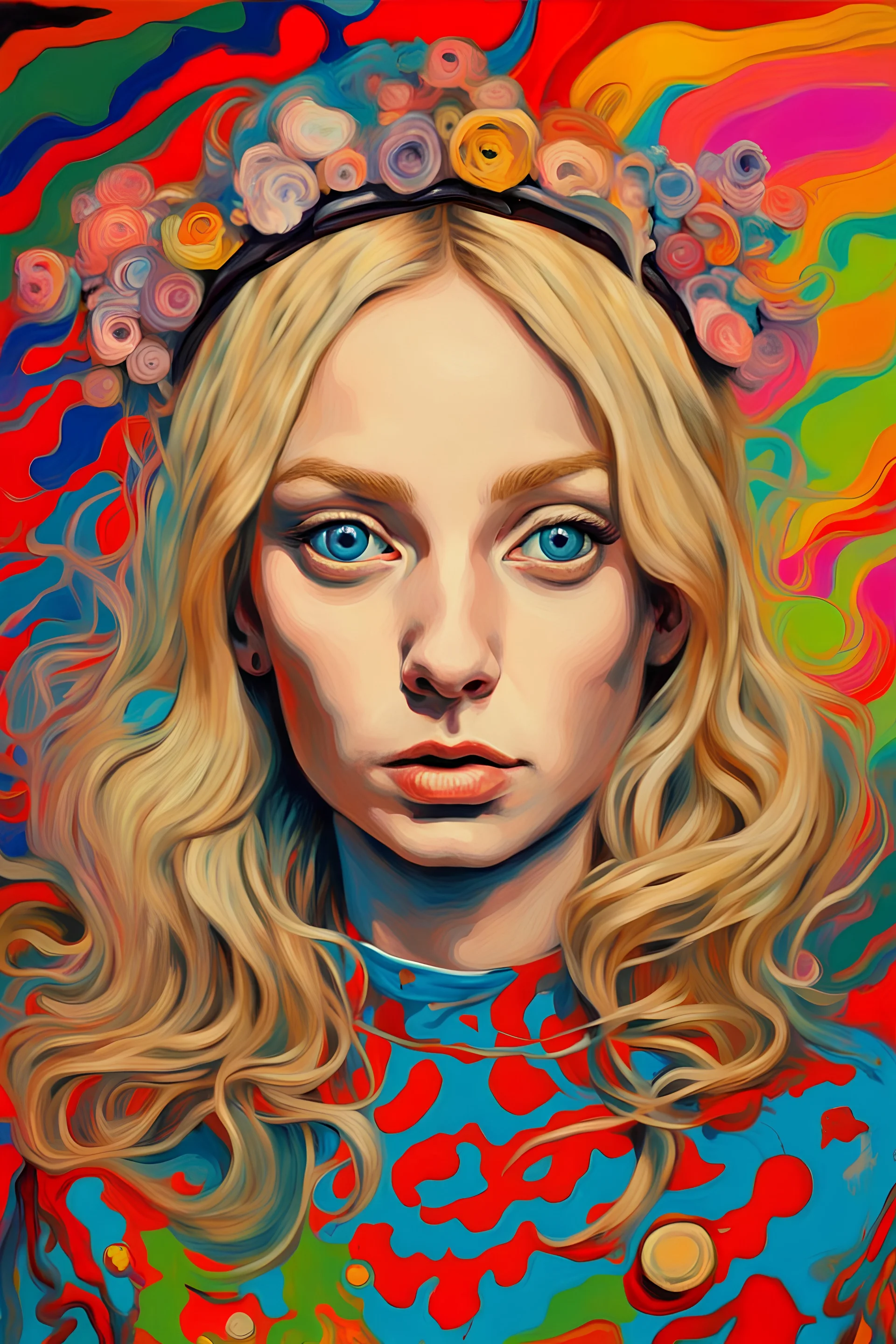 psychedelic painting of a portrait of alice in wonderland van gogh and andy warhol infusion.
