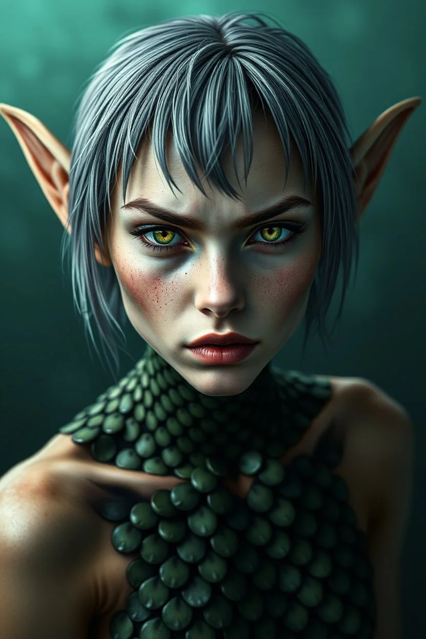 an intense alluring gremlin mermaid with wet short grey hair tucked behind ears, she has green eyes and light freckles. her entire body is covered in gradiated dark to light green mottled hexagon scales that transistion into skin at neck, ,