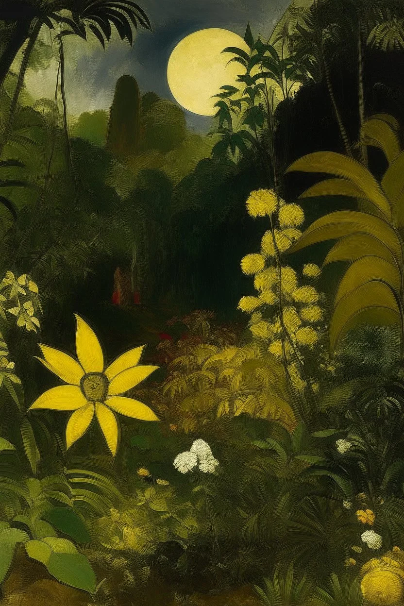 A dark gold rainforest near a bamboo’s forest surrounded flowers with rocks, painted by Paul Gauguin