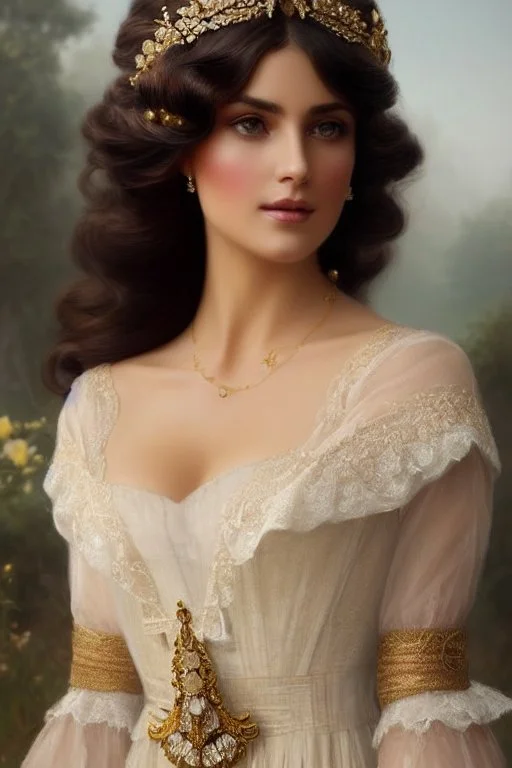 beautiful and gorgerous duchess with incredible jewellery in 19th century clothing by Greg Rutkowski and Artgerm and Emile Vernon and Vladimir Volegov, in a brown dress, mystical castle background, art illustration, natural beauty, muted colors, pastels, perfect fingers, higly detailed, expressive, high detail, symmetrical, digital painting, symmetrical eyes, dynamic lighting, artstation, cinematic lighting, intricate artwork, emitting diodes, smoke, artillery, sparks, racks, system unit, mother