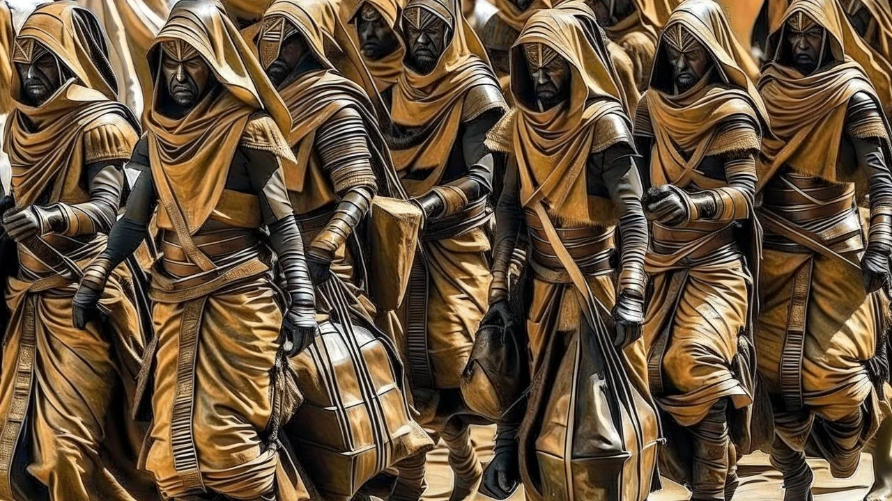 A group of Pharaoh soldiers emerge from inside leather bags