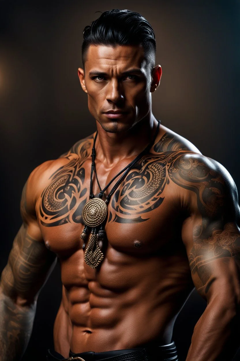 portrait of a 35 year old Handsome muscular warrior with tanned skin adorned with tattoos and dark braided hair. photorealistic