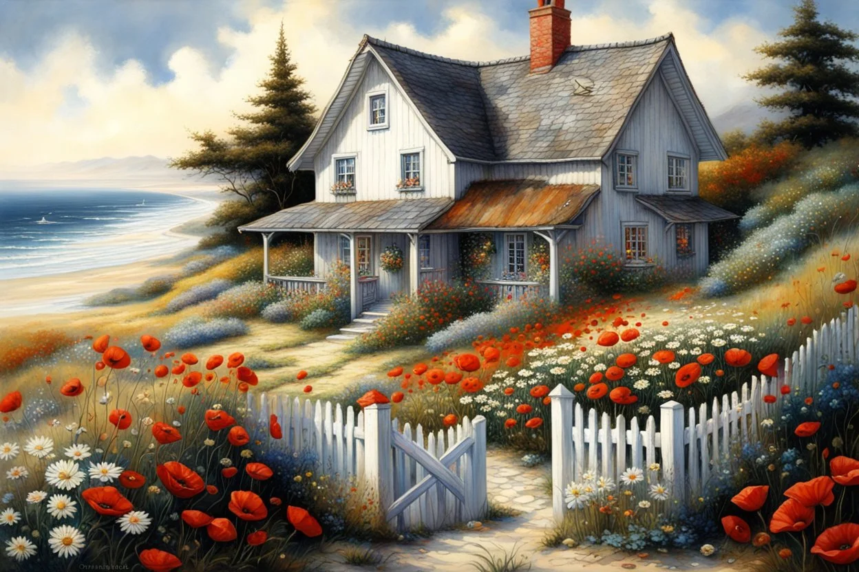 painting depicting a picturesque, richly detailed location, similar to the work of masters such as Josephine Wall or Tomasz Alen Kopera. A cozy, quaint white cottage with a gray shingled roof nestled among sandy dunes. A wooden fence encloses a charming garden blooming with colorful flowers like red poppies and white daisies in front of the house. The property features two gable-fronted dormers with windows, complementing white-framed windows adorned with lace curtains, and a sky-blue front door