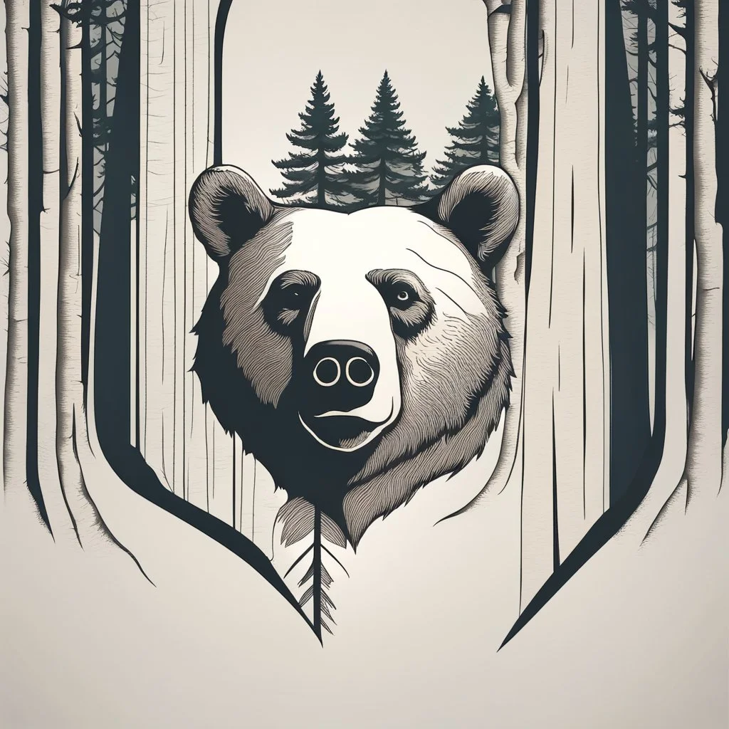 M shaped bear head combined with woods silhouette in backround, letterpress style, minimalistic pencil art