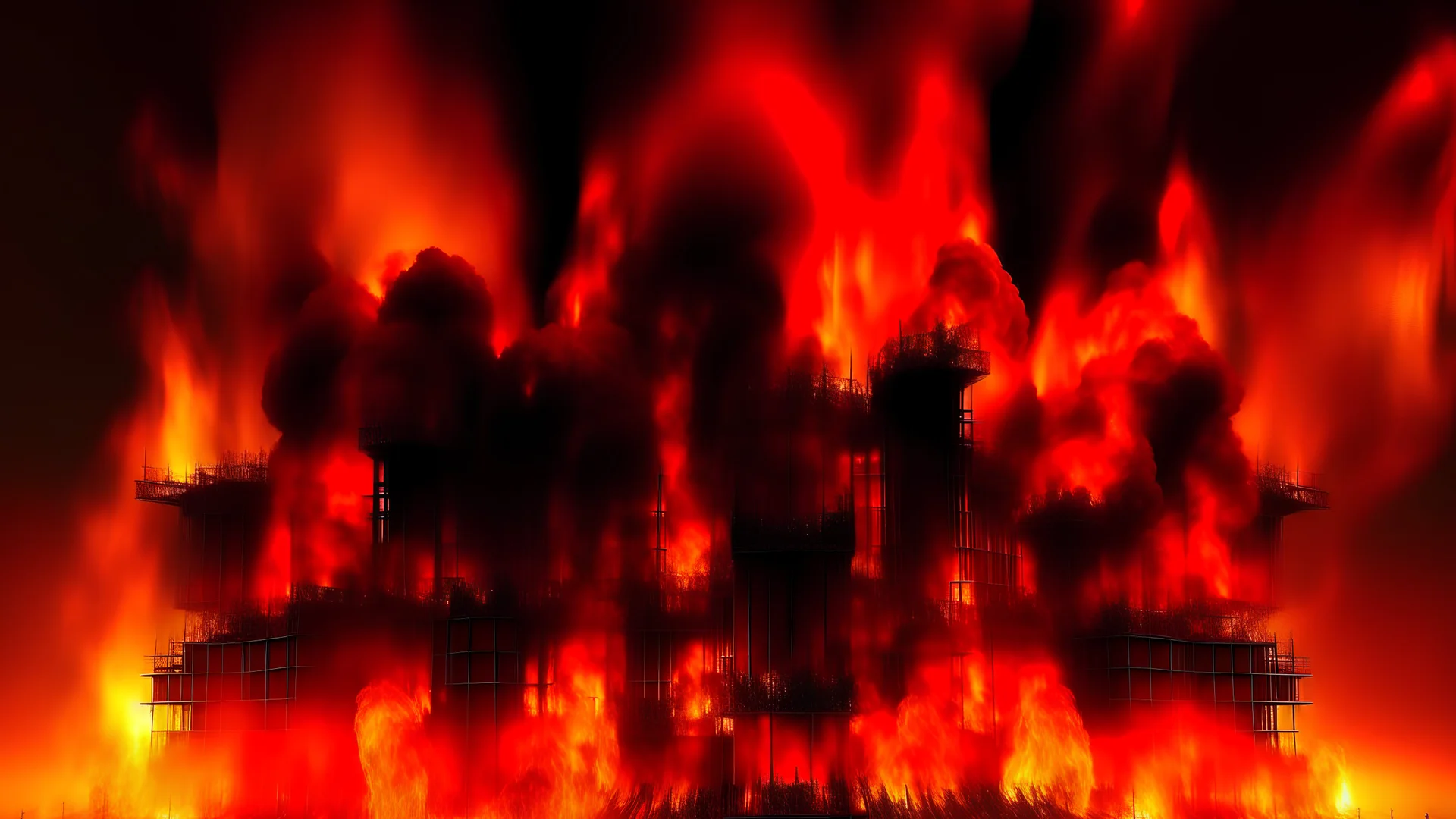 The image depicts an organization in flames, with a massive structure emitting thick smoke and engulfed in raging flames. The bright orange and red hues of the flames create a thrilling and terrifying sight simultaneously. Flames rise high into the sky, forming cascading patterns of shining sparks that intensify the image and enhance the fierceness of the incident. The black smoke thickens, wrapping around the structure in a mysterious way that adds an element of confusion and complexity to the