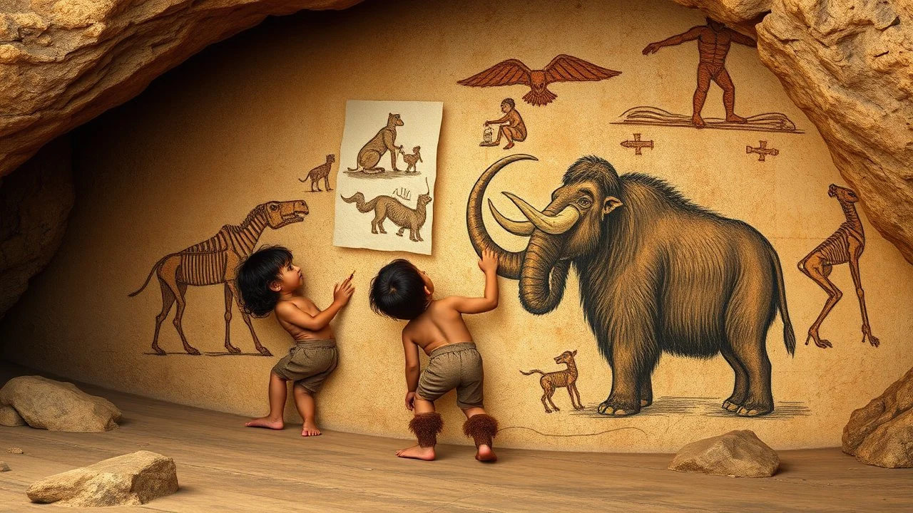 Neanderthal children drawing mammoths on the wall of a cave, stone-age clothing. Beautiful composition, clear photograph, excellent lighting, award-winning photography.