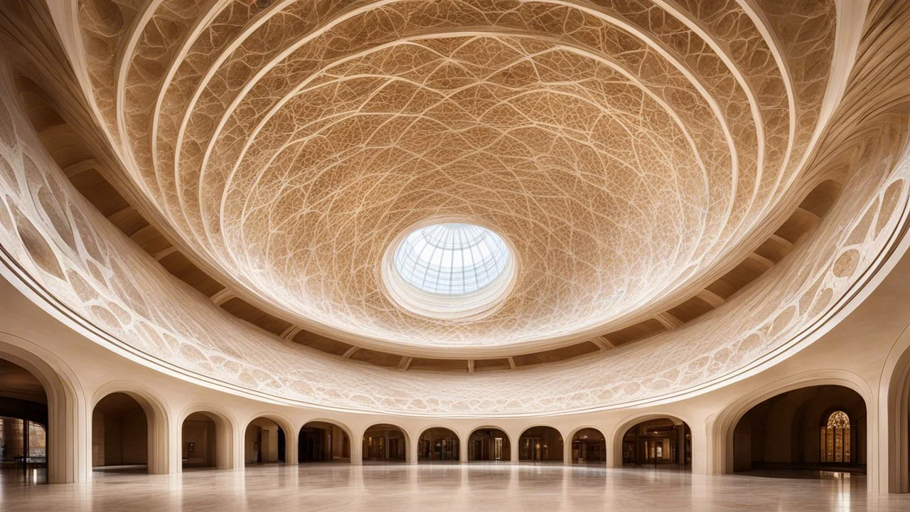 A grand, circular dome building with Lissajous-curve-inspired designs intricately carved into the stone façade. The undulating curves dance across the surface of the building, creating a mesmerizing, fluid pattern. Inside, the dome is supported by circular columns with soft, curving lines, and the ceiling features geometric art that mimics the beauty of the Lissajous curves. Award-winning photograph.