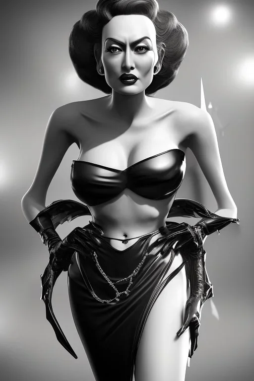 Joan Crawford as evil queen in black leather, busty, cleavage, dominatrix, curvy, angry, stern look. unreal 5, octane render, cinema4d, dynamic lighting, dramatic lighting, 4k, redshift render, highly detailed, hyper realistic,anthropomorphic