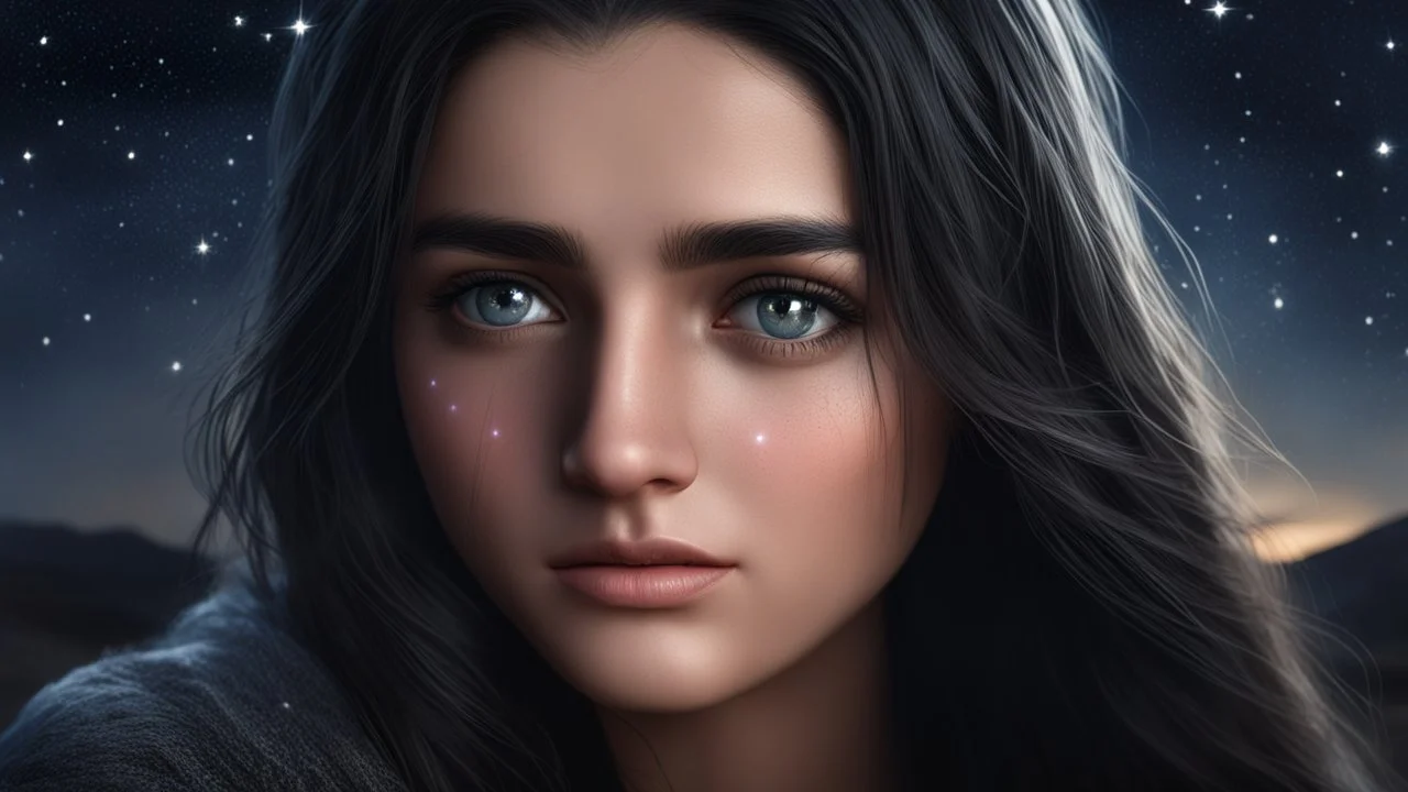 Hyper Realistic middle-angle-face-view of a Sad-Young-Beautiful-Pashto-Woman-with-beautiful-eyes-with-tears-&-long-black-hair at dark-night-with-stars-on-sky