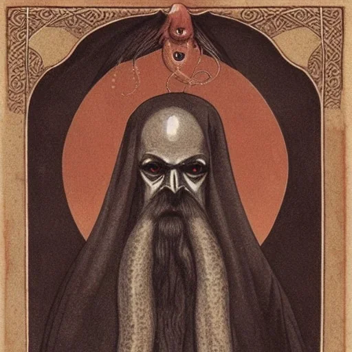 Russian Orthodox nosferatu with five eyes and tentacle beard and long arms and fingers