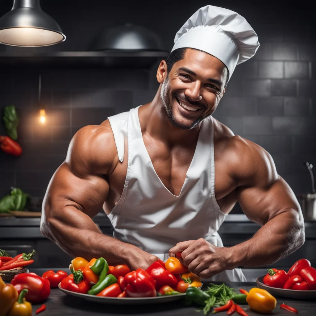 Hyper realistic very handsome shirtless muscular short black hair male chef smiling & cutting capsicums in a dark kitchen