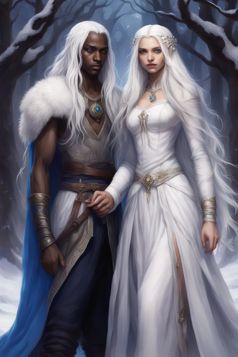 young dark-skinned sorceress with blue eyes and straight long snow-white hair, holding hands with her betrothed man