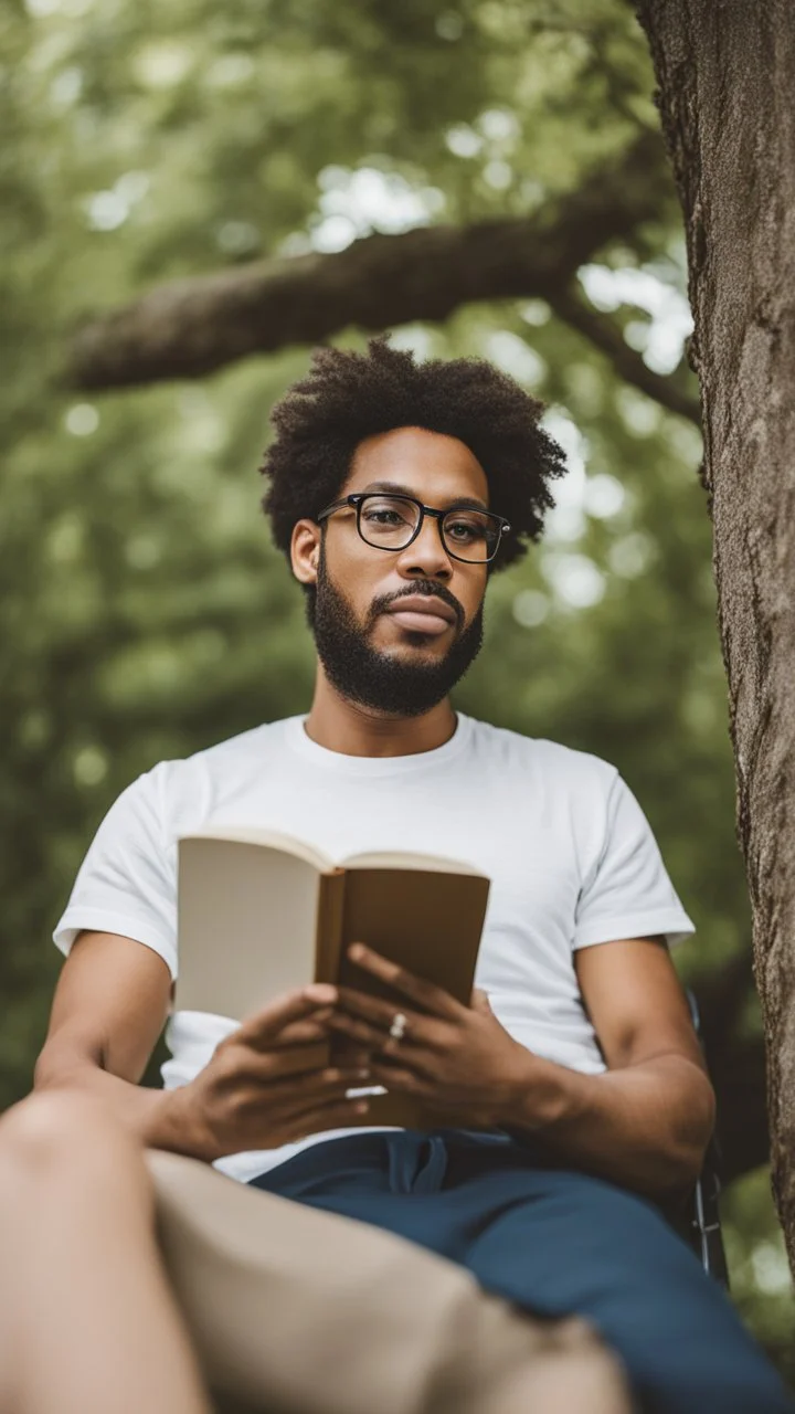 A man wearing a white Dad Hat, wearing glasses, and reading with a tree behind him, high resolution