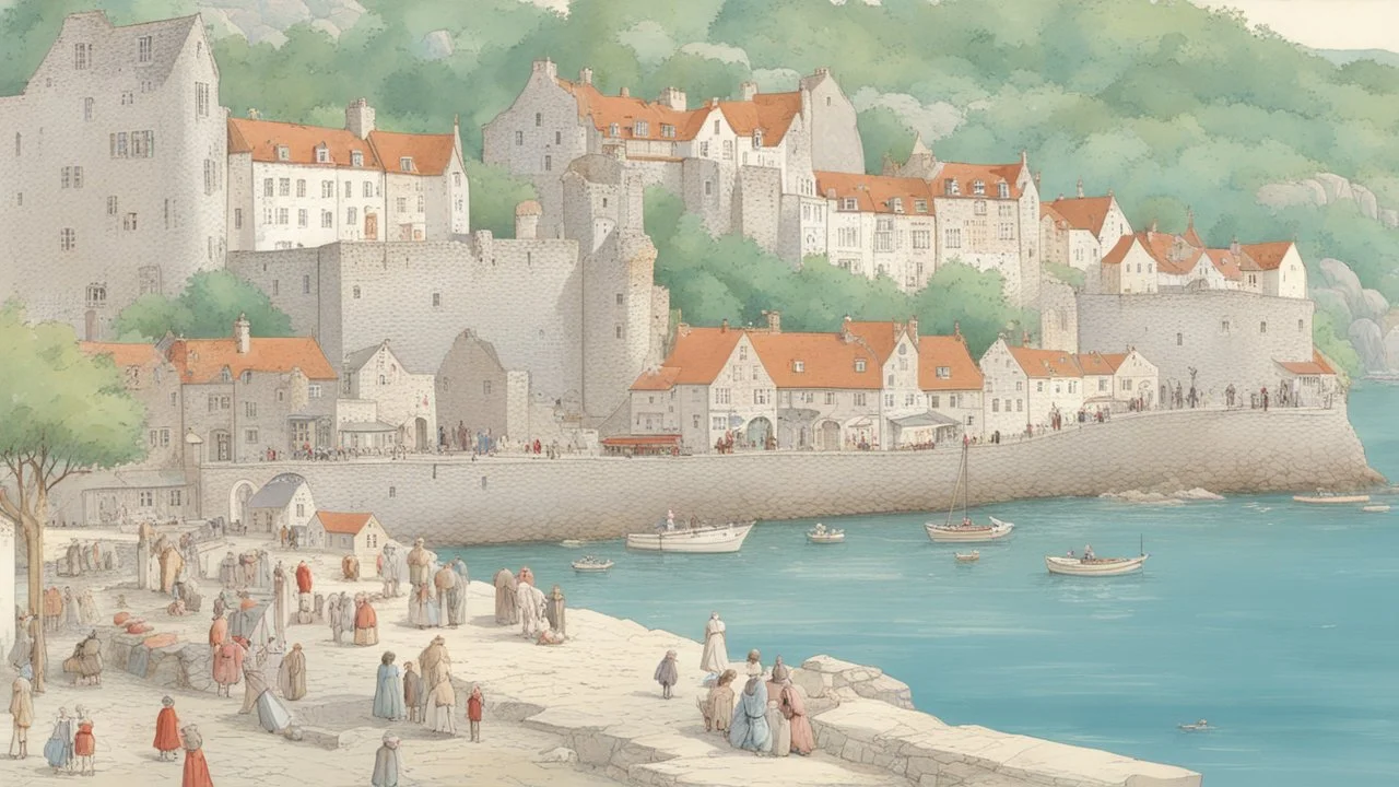 bay at foot of cliffs, with medieval buildings, shops, inn, taverns, people, piers, harbour, trees