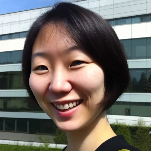 A short haired, Japanese female software engineer taking a selfie in front of Building 92 at Microsoft in Redmond, Washington