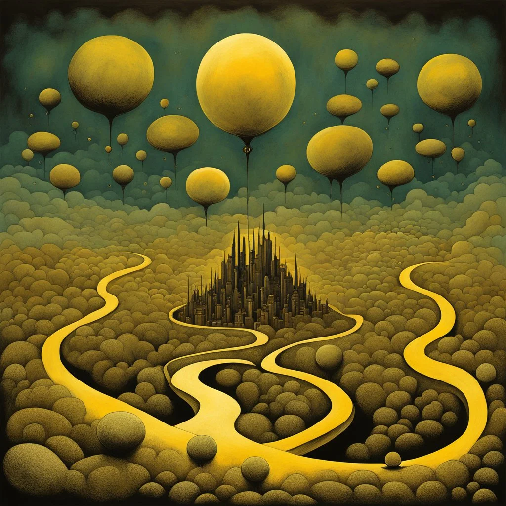 Surreal key-shaped cityscape of fractured reality where roads meanders, thick smog of the liminal congealing into puffy bruise-colored clouds, floating strange moons and astral projections, cool weird colors - yellow-black-olive green, hallucinatory surrealism, by Andy Kehoe, by Yves Tanguy, by Zdzislaw Beksinski, macabrely fascinating flowing sense of strange, artistic lines, art deco spires and domes.